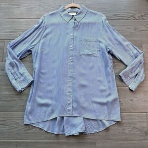Chicos Womens Blue White High Low Striped Button Front Long Sleeve Blouse Size 2
